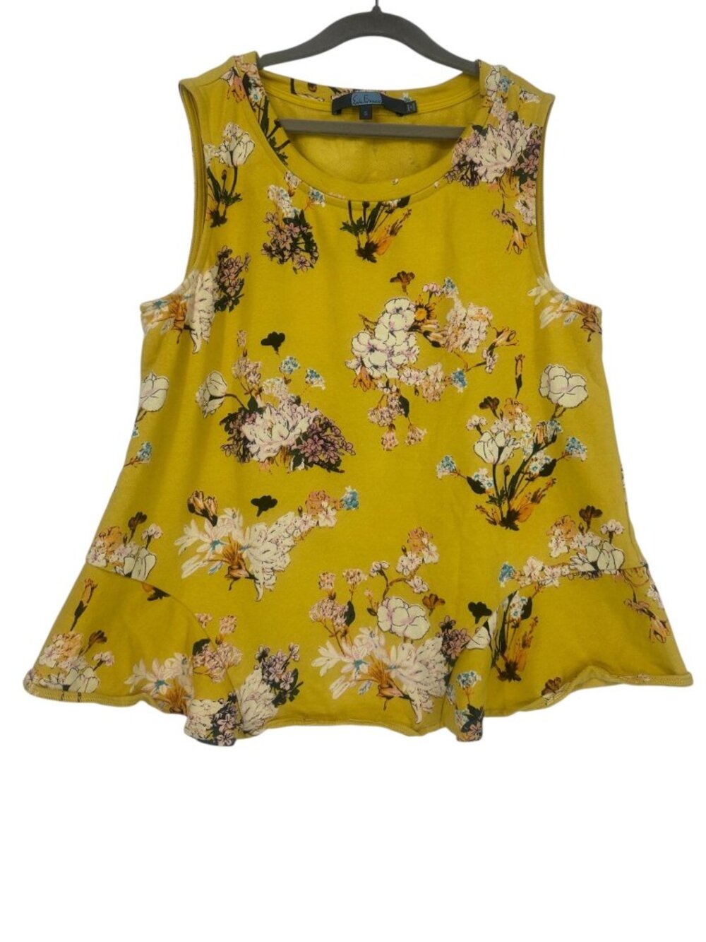 Eva Franco Tank Top Small Mustard Yellow Floral Cotton Flounce Hem Cottagecore